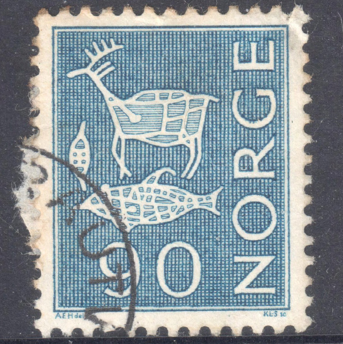 Norway 1963 - 1967 90 Ore Blue Rock Engravings Stamp - Perf:13