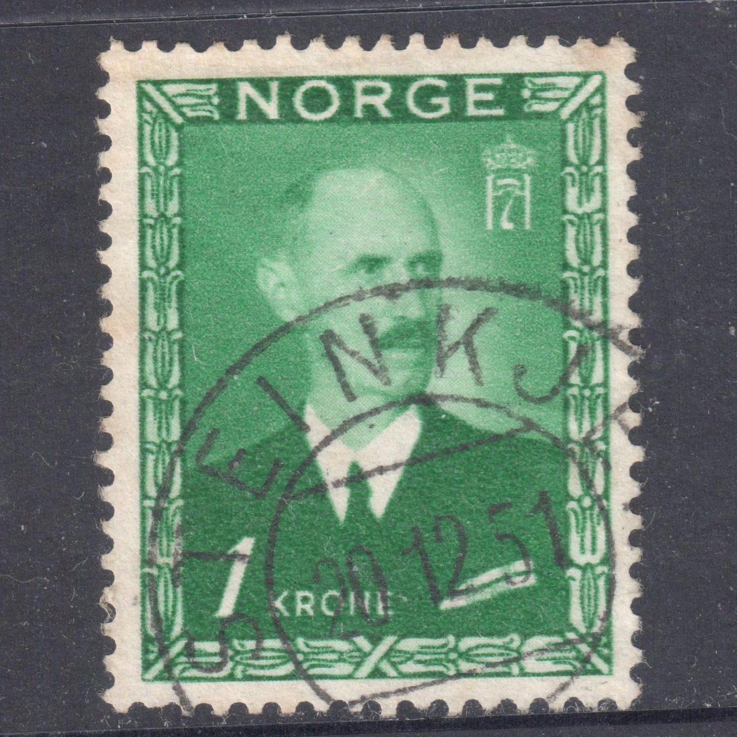 Norway 1946 1 Krone Green King Haakon VII Stamp - Perf:13