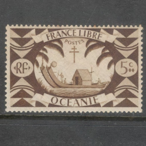 Oceania - French 1942 5 Centimes Light Brown Free France Stamp - Perfin: 14.5x14.0