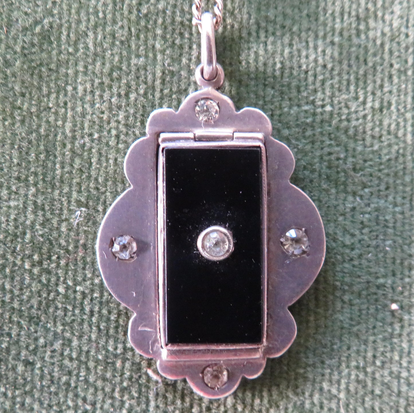 925 Sterling Silver German Photo Locket With An Onyx Panel & White Sapphires With Chain