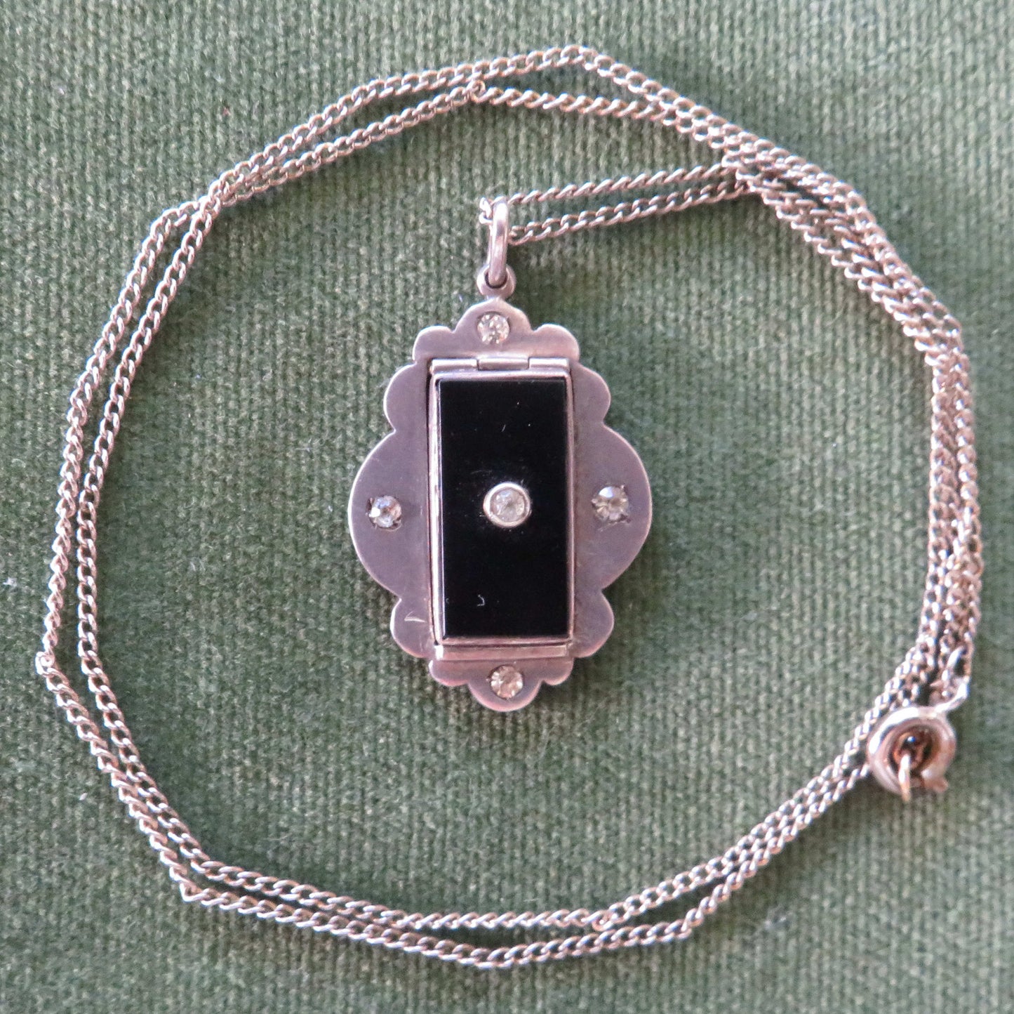 925 Sterling Silver German Photo Locket With An Onyx Panel & White Sapphires With Chain