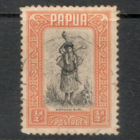Papua 1932 1/2d Orange / Black Motuan Girl Local Motif Stamp - Perf: 11