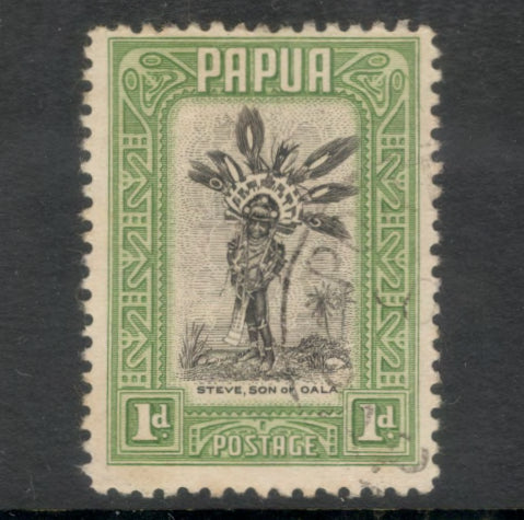 Papua 1932 1d Yellowish Green / Black Steve Son Of Oala Local Motif Stamp - Perf: 11