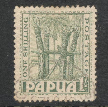 Papua 1932 1/- Greenish Grey Platform Monument Local Motif Stamp - Perf: 11