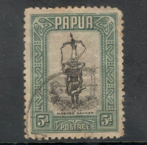 Papua 1932 5d Dark Green / Black Masked Dancer Local Motif Stamp - Perf: 11