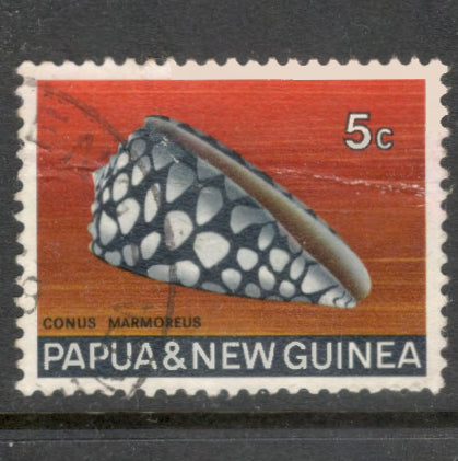 New Guinea PNG 1968 - 1969 5 Cents Multicoloured Seashells Conus Marmoreus Stamp - Perfin: 12.5x12.25