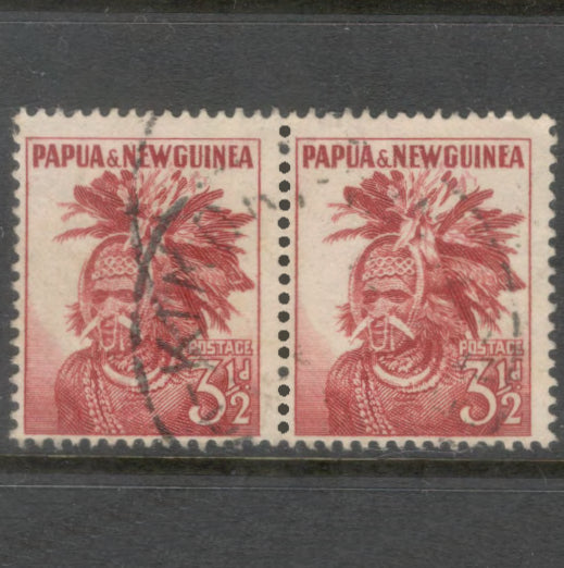 New Guinea PNG 1952 - 1960 3 1/2d 3 Pence Half Penny Red Local Motives Stamp - Perfin: 14.0