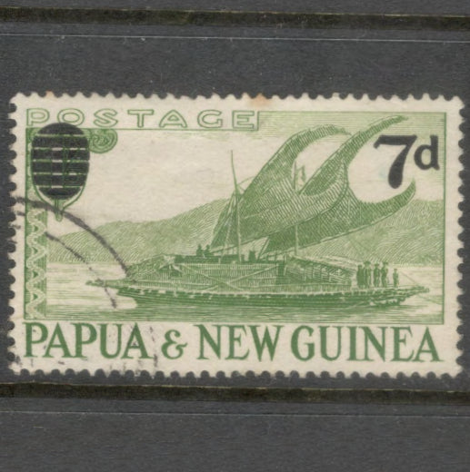 New Guinea PNG 1957 - 1959 7d/1S 7 Pence / 1 Shilling Green Issues of 1952 Surcharged Stamp
