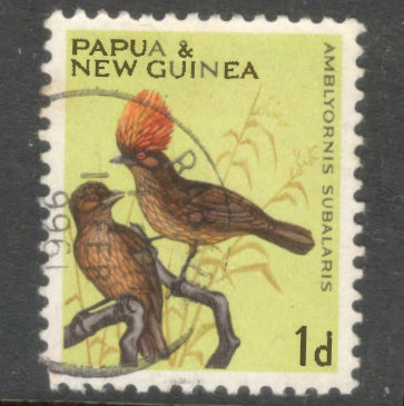 New Guinea PNG 1964 - 1965 1d 1 Penny Multicoloured Birds Amblyornis Subalaris Stamp - Perfin 11.75