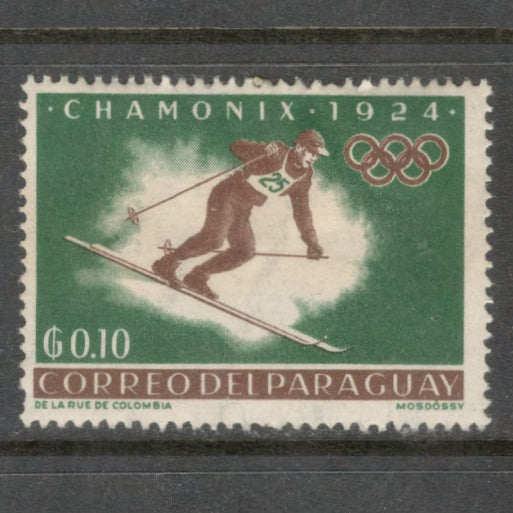 Paraguay 1963 0.10 Guarani Multicoloured International Cooperation in Sport 1924 Winter Olympics Stamp - Perfin: 14.0