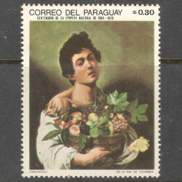 Paraguay 1968 0.30 Guarani Multicoloured Children in Paintings Stamp - Perfin: 14.25x13.75