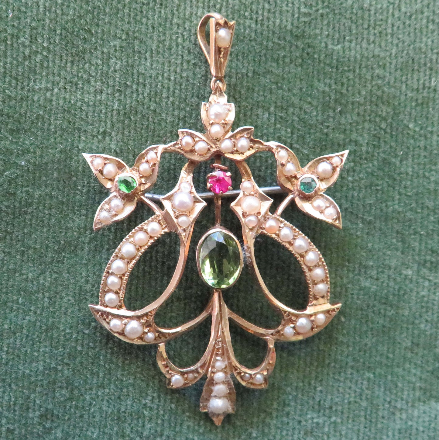 15ct Gold Ruby Peridot And Seed Pearl Pendant Brooch