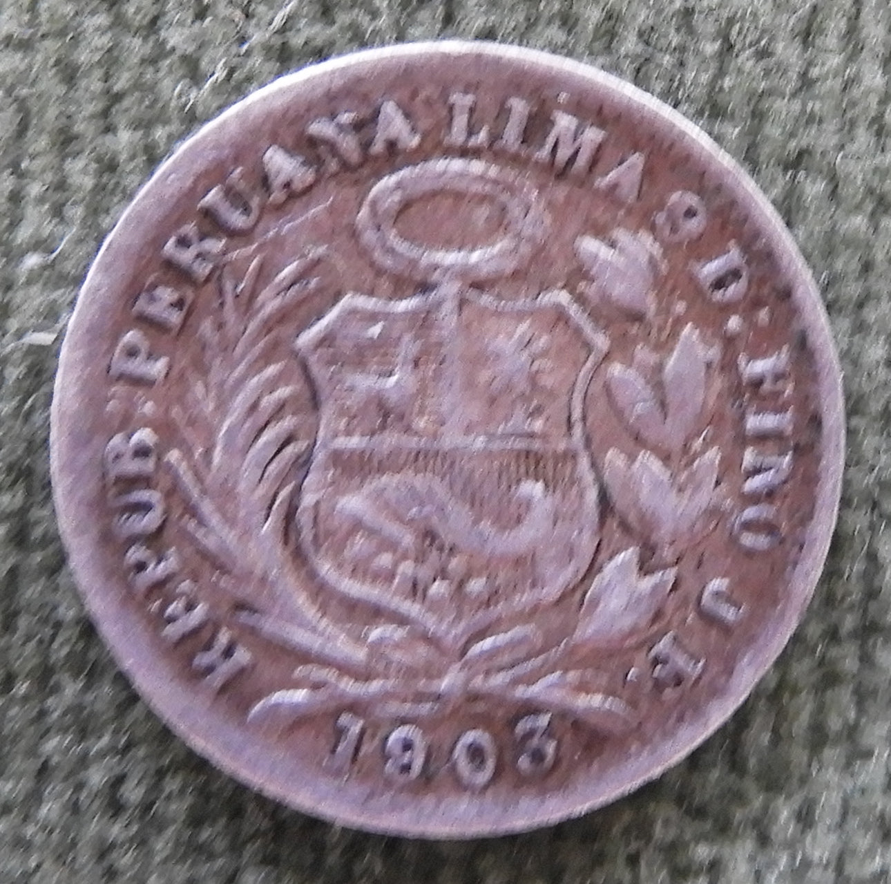Peru 1903 1/2 Dinero Coin Seated Statue of Liberty