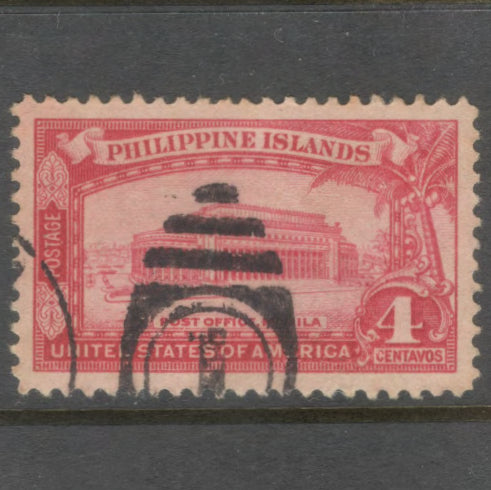 Philippines 1932 4 Centavo Carmine Local Motives Post Office Manila Stamp - Perfin: 11.0