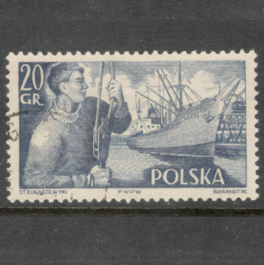 Poland Polska 1956 20 Groszy Dark Blue Polish Ships Stamp - Perfin 12.0x12.5