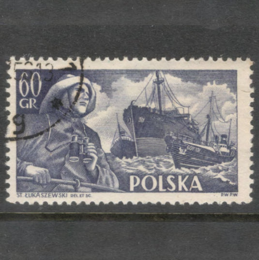 Poland Polska 1956 60 Groszy Dark Violet Blue Polish Ships Stamp - Perfin 12.0x12.5