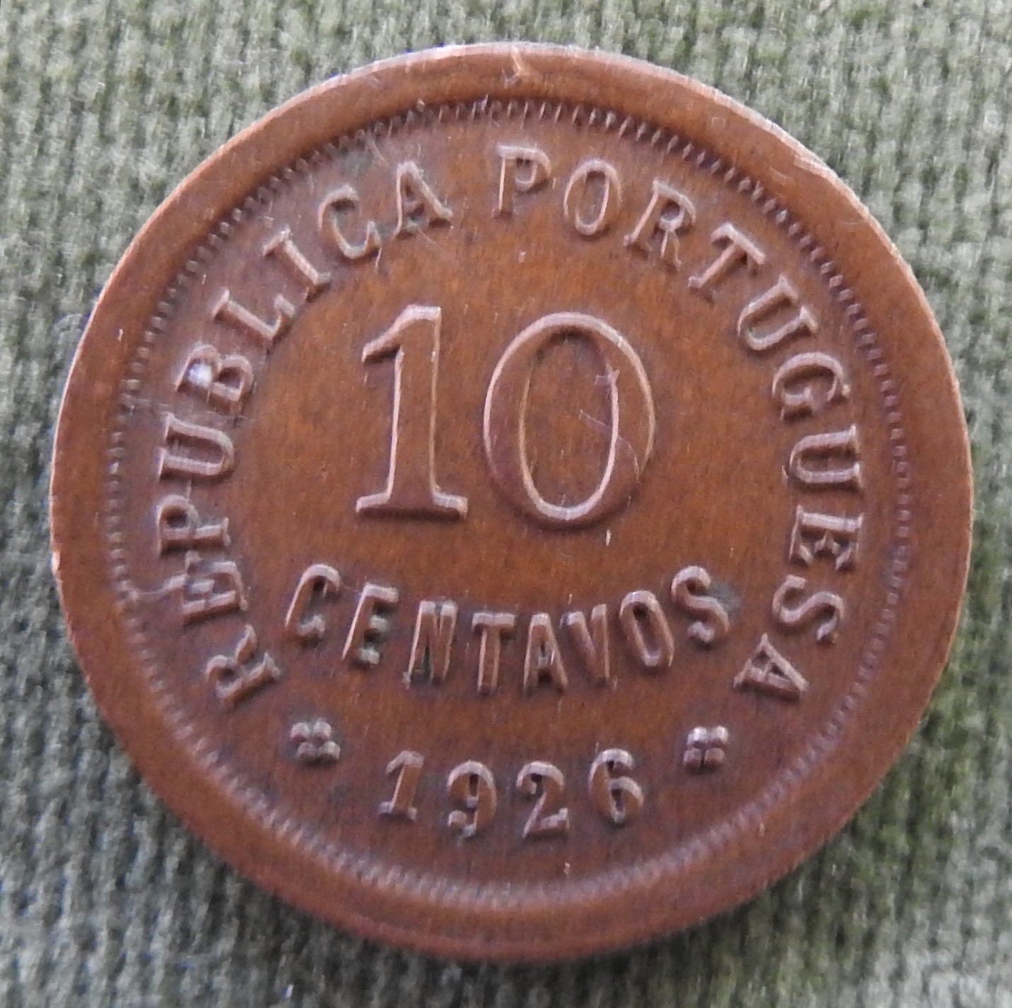 Portugal 1926 10 Centavos Liberty Head Coin