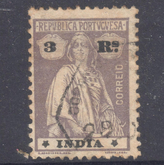 Portuguese India 1913 -1925 3 Rupee Lilac black Ceres Stamp - Perfin:15x14