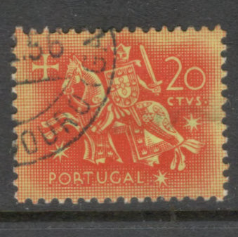 Portugal 1953 20 Centavos Orange Red / Greenish Knight Chevalier Stamp - Perfin: 12.5