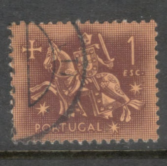Portugal 1953 1 Escudo Carmine Brown / Rose Knight Chevalier Stamp - Perfin: 12.5