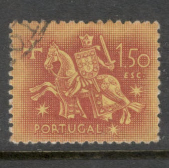 Portugal 1953 1.50 Escudos Wine Red / Yellow Knight Chevalier Stamp - Perfin: 12.5