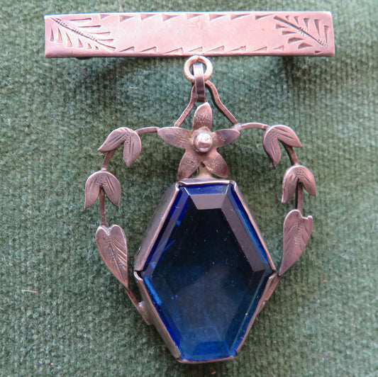 Rhoda Wager Attributed Arts & Crafts Silver Brooch with gum leaf design and blue paste insert