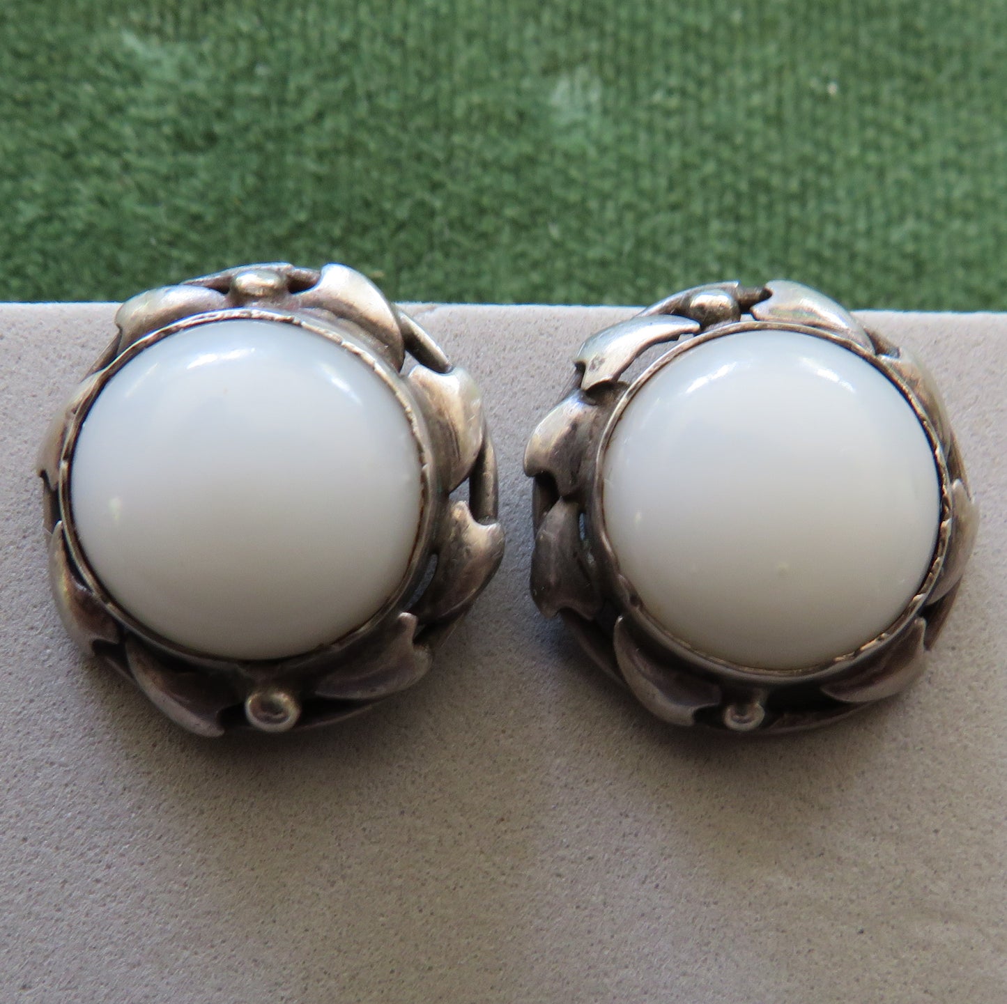 Rhoda Wager Attributed Arts & Crafts Silver Earrings (Screw Fastening) with gum leaf design and milk glass insert