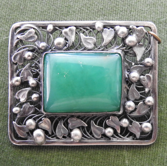 Rhoda Wager Attributed Arts & Crafts Silver Queensland Natural Chrysoprase Brooch With Gum Leaf Design