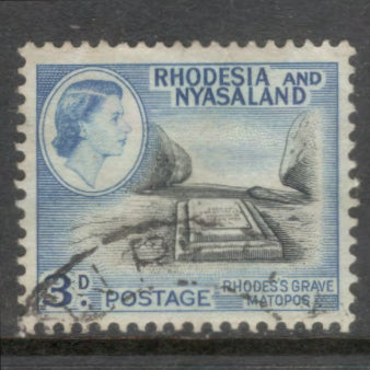 Rhodesia & Nyasaland1959 - 1962 3d Light Blue / Black Queen Elizabeth II Local Motives Stamp - Perfin: 13.5x14.0