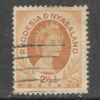 Rhodesia & Nyasaland 1954 2 1/2d Ochre Queen Elizabeth II Stamp - Perfin: 13.5x14.0