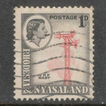 Rhodesia & Nyasaland 1959 - 1962 1d Black / Carmine Queen Elizabeth II Local Motives Stamp - Perfin: 13.5x14.0