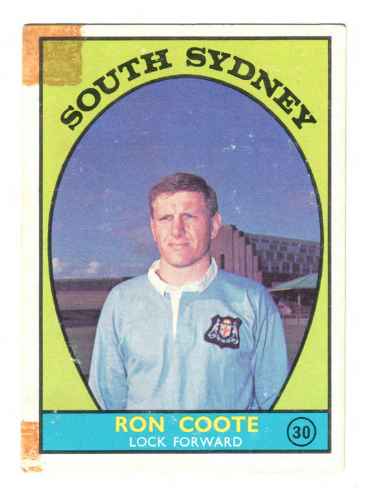 Scanlens 1968 A Grade NRL Football Card #30 - Ron Coote - South Sydney