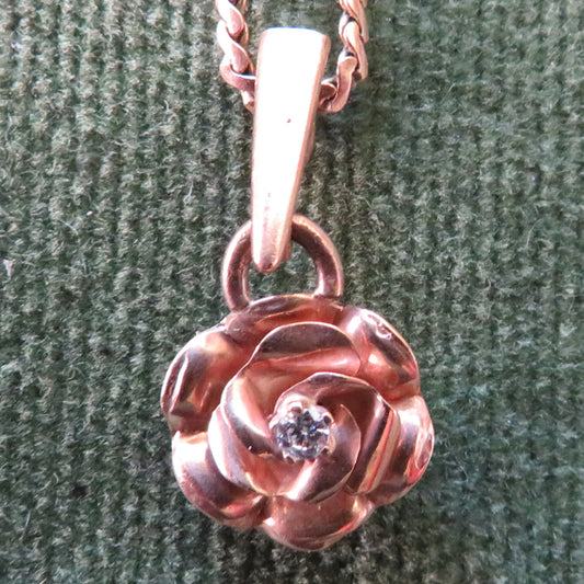 9ct Gold Pendant In The Form OF A Rose With A Central Claw Set Diamond With 9ct Gold Chain