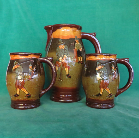 Royal Doulton Kingsware Charles Crombie Golfing Ale Set With A Pitcher &amp; 2 Beer Tankards - Scarce Set