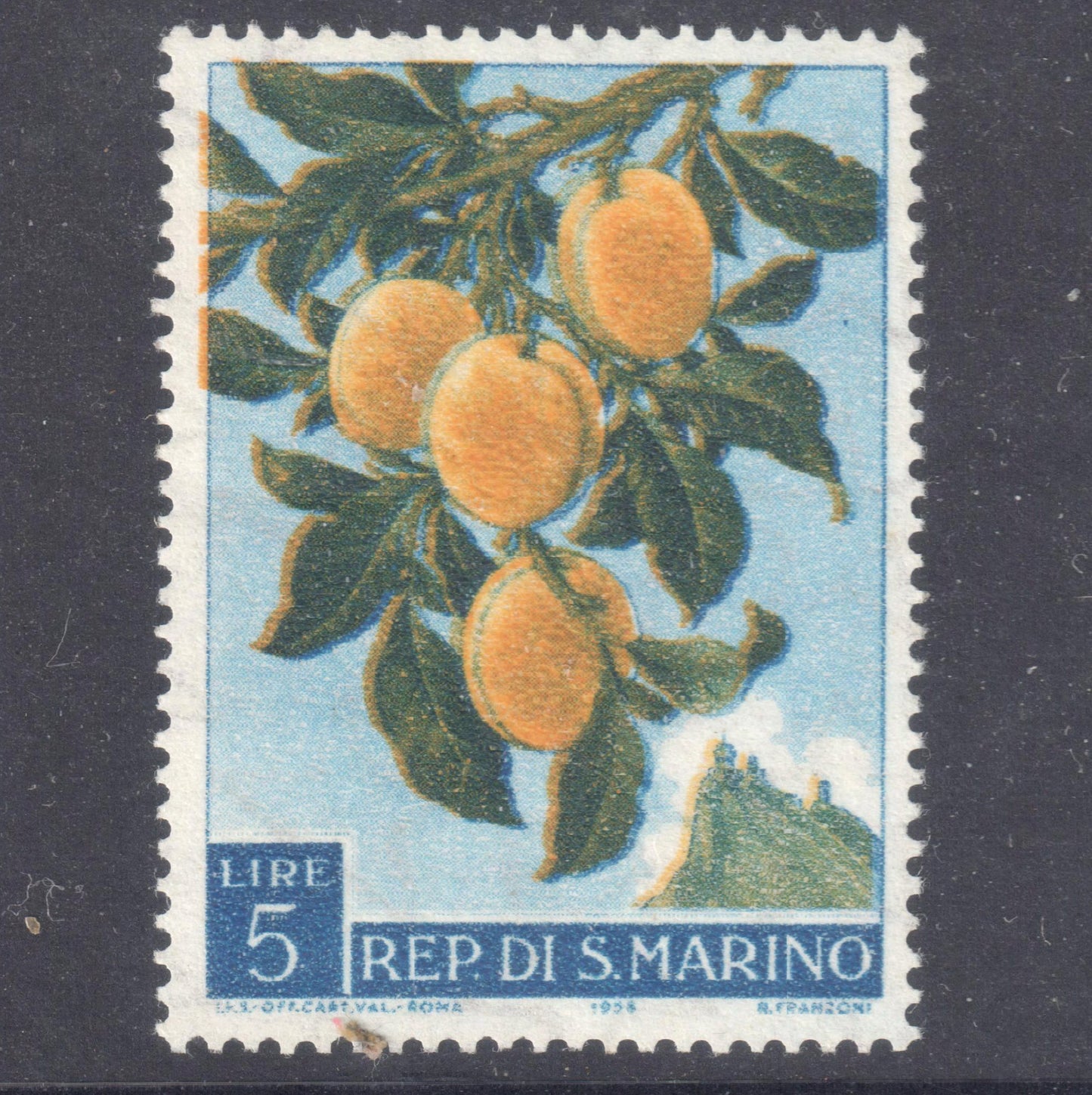 San Marino 1958 5 Lire Multicoloured Fruits Prunus Domestica Stamp - Perfin:14