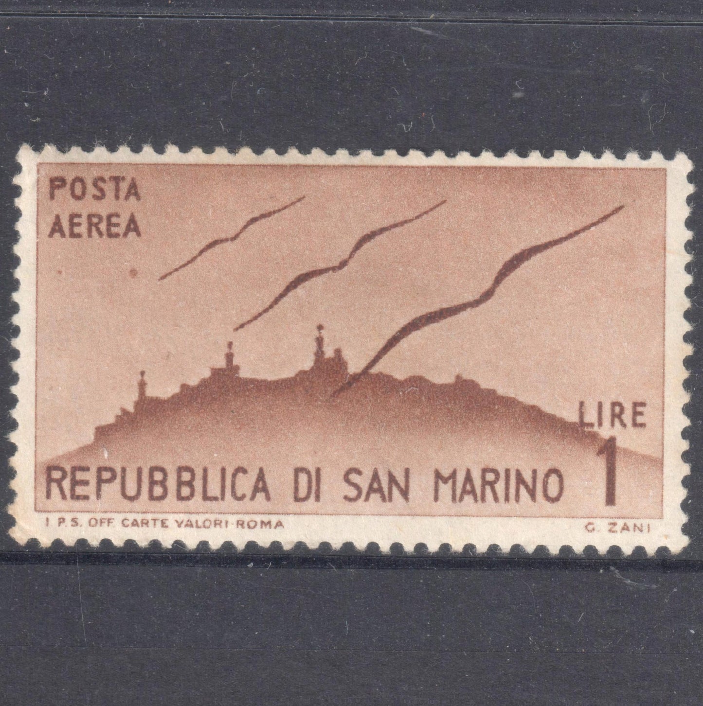 San Marino 1946 1 Lire Brown Airmail Stamp - Perfin:14