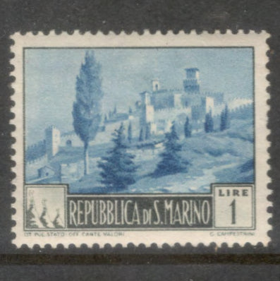San Marino 1949 1 Lire Multicoloured Views of San Marino Stamp - Perfin: 14.0