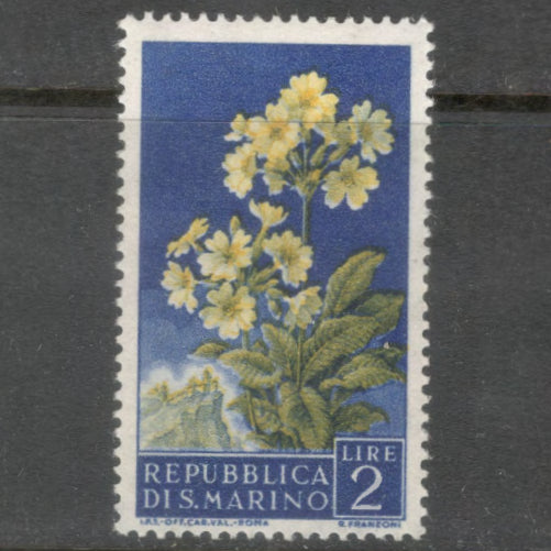 San Marino 1957 2 Lire Multicoloured Flowers Primula Elatior Stamp - Perfin: 14.0