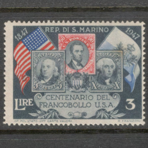 San Marino 1947 3 Lire Multicoloured 100th Anniversary of the First American Postage Stamp - Perfin: 14.0