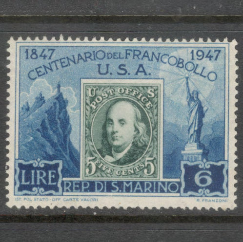 San Marino 1947 6 Lire Multicoloured 100th Anniversary of the First American Postage Stamp - Perfin: 14.0