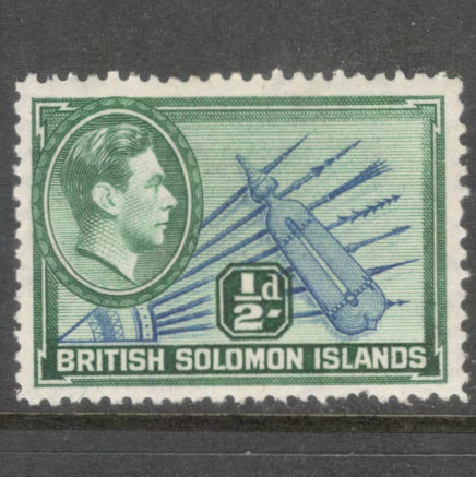 Solomon Islands 1939 - 1951 1/2d Green / Ultramarine Portrait of King George VI and Local Motives Stamp - Perfin: 12.5