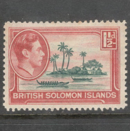 Solomon Islands 1939 - 1951 1 1/2d Carmine Red / Blackish Green Portrait of King George VI and Local Motives Stamp - Perfin: 12.5