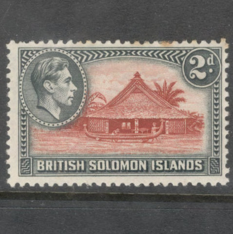 Solomon Islands 1939 - 1951 2d Black / Reddish Brown Portrait of King George VI and Local Motives Stamp - Perfin: 13.5x13.0