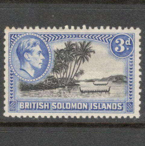 Solomon Islands 1939 - 1951 3d Ultramarine / Black Portrait of King George VI and Local Motives Stamp - Perfin: 13.5