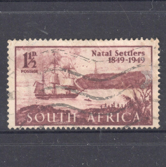 South Africa 1949 1 1/2 Penny Brownish Purple 100th Anniversary of the Arrival of British Settlers in Natal Stamp - Perfin:15x14