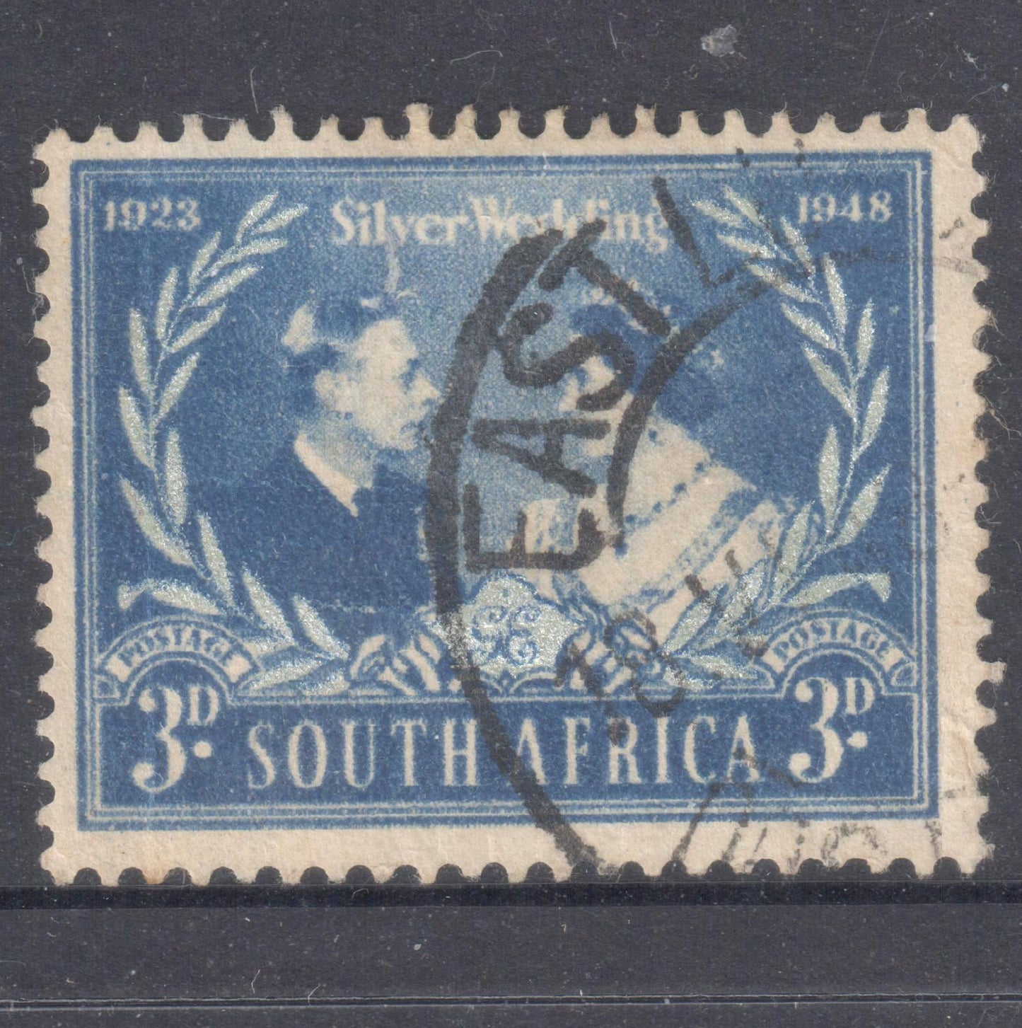 South Africa 1948 3 Pence Blue/Silver Royal Silver Wedding Stamp - Perfin:14