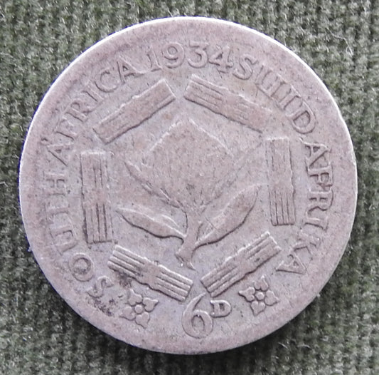 South Africa 1934 Sixpence 6 Pence Silver Protea Coin