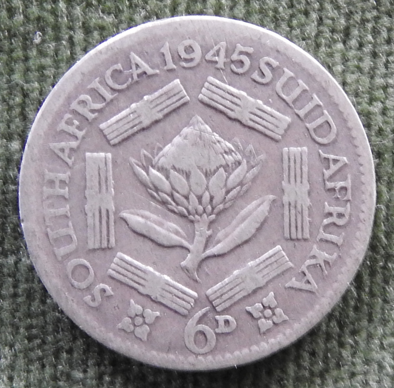 South Africa 1945 Sixpence 6 Pence Silver Protea Coin