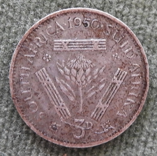 South Africa 1950 3d 3 Pence KGVI Silver Coin - Grades as Fine