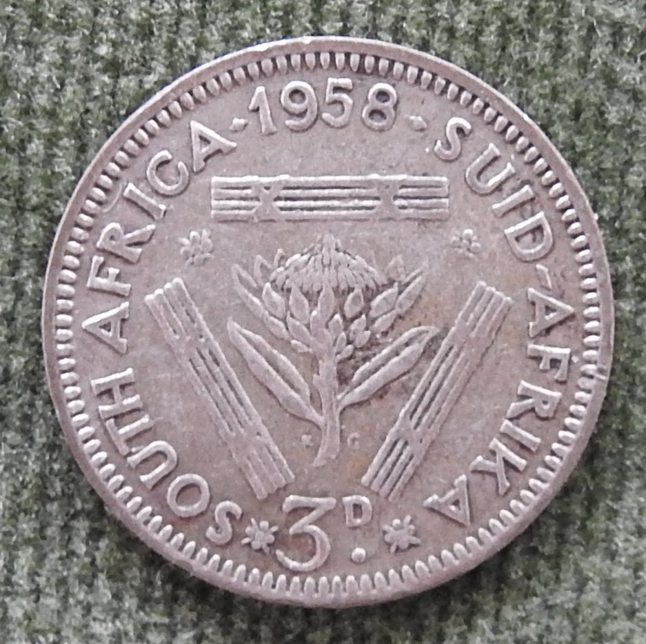 South Africa 1958 3d Three Pence Coin Queen Elizabeth II